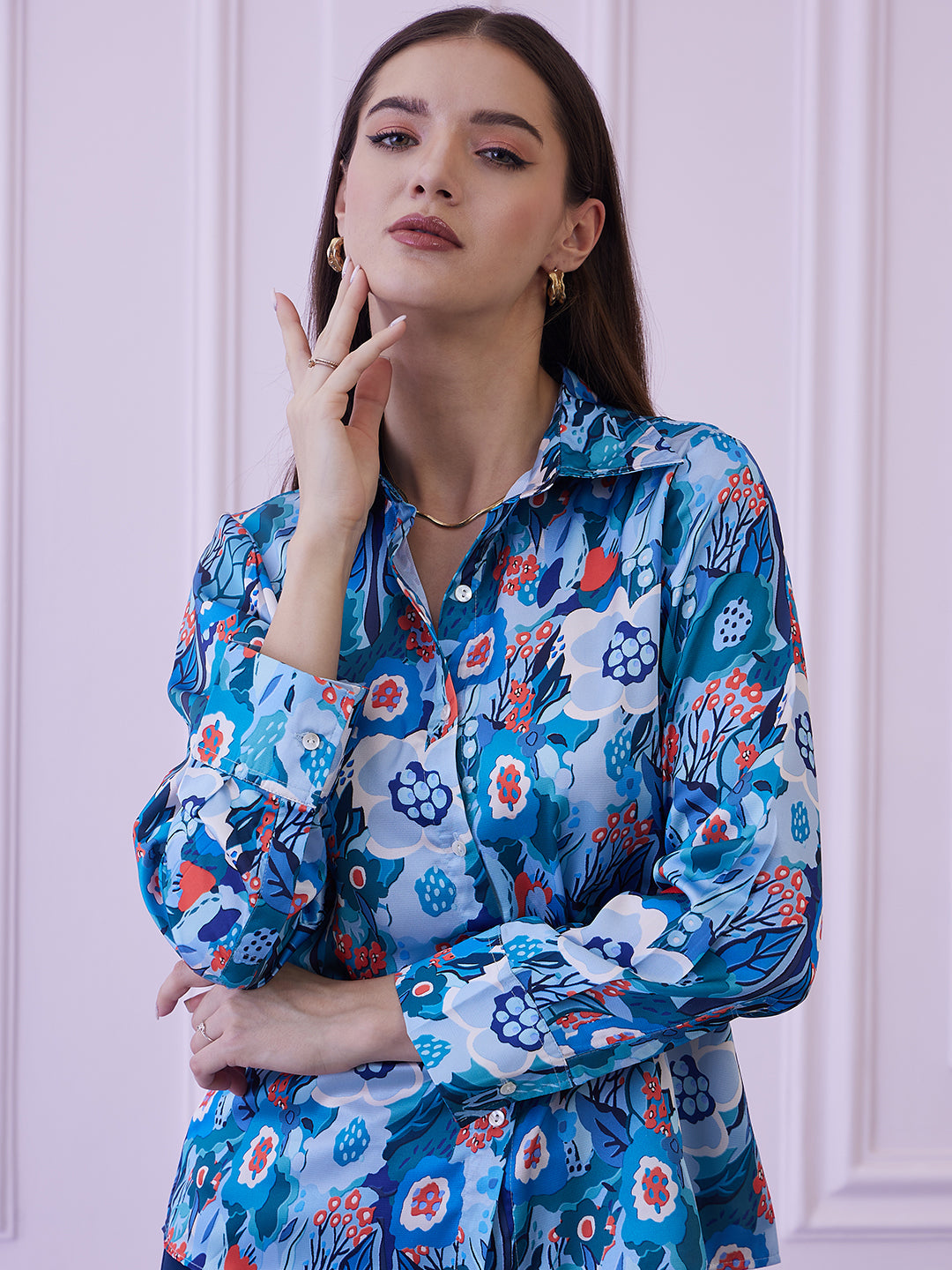 Athena Blue Floral Printed Shirt Style Top