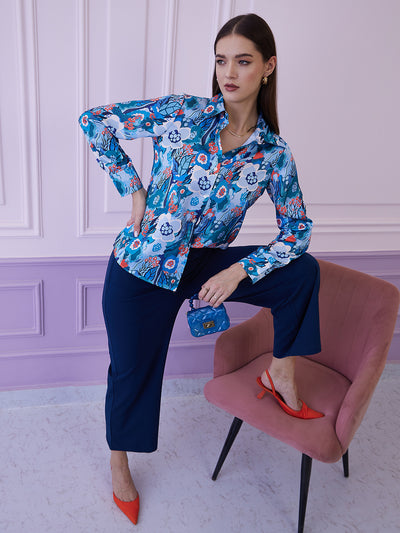 Athena Blue Floral Printed Shirt Style Top