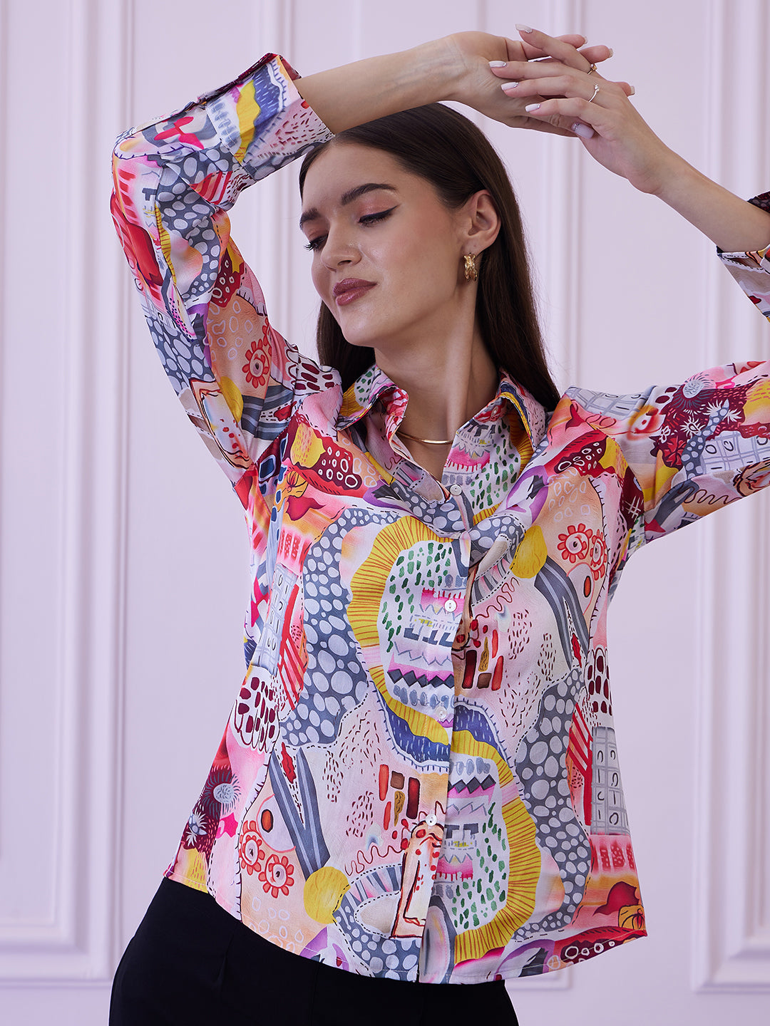 Athena Yellow Abstract Printed Shirt Style Top