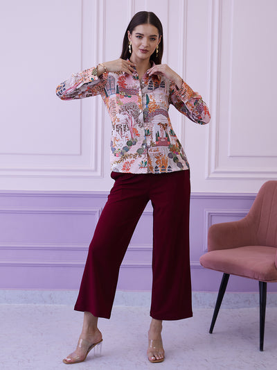 Athena White & Maroon Printed Shirt With Trousers