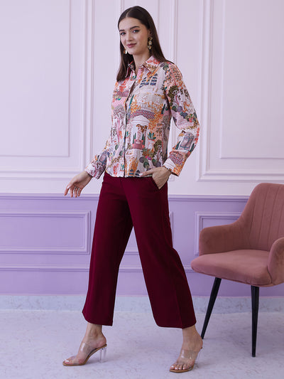 Athena White & Maroon Printed Shirt With Trousers