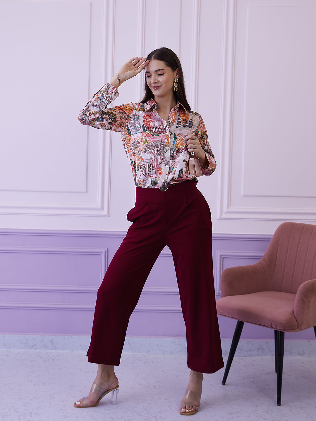 Athena White & Maroon Printed Shirt With Trousers