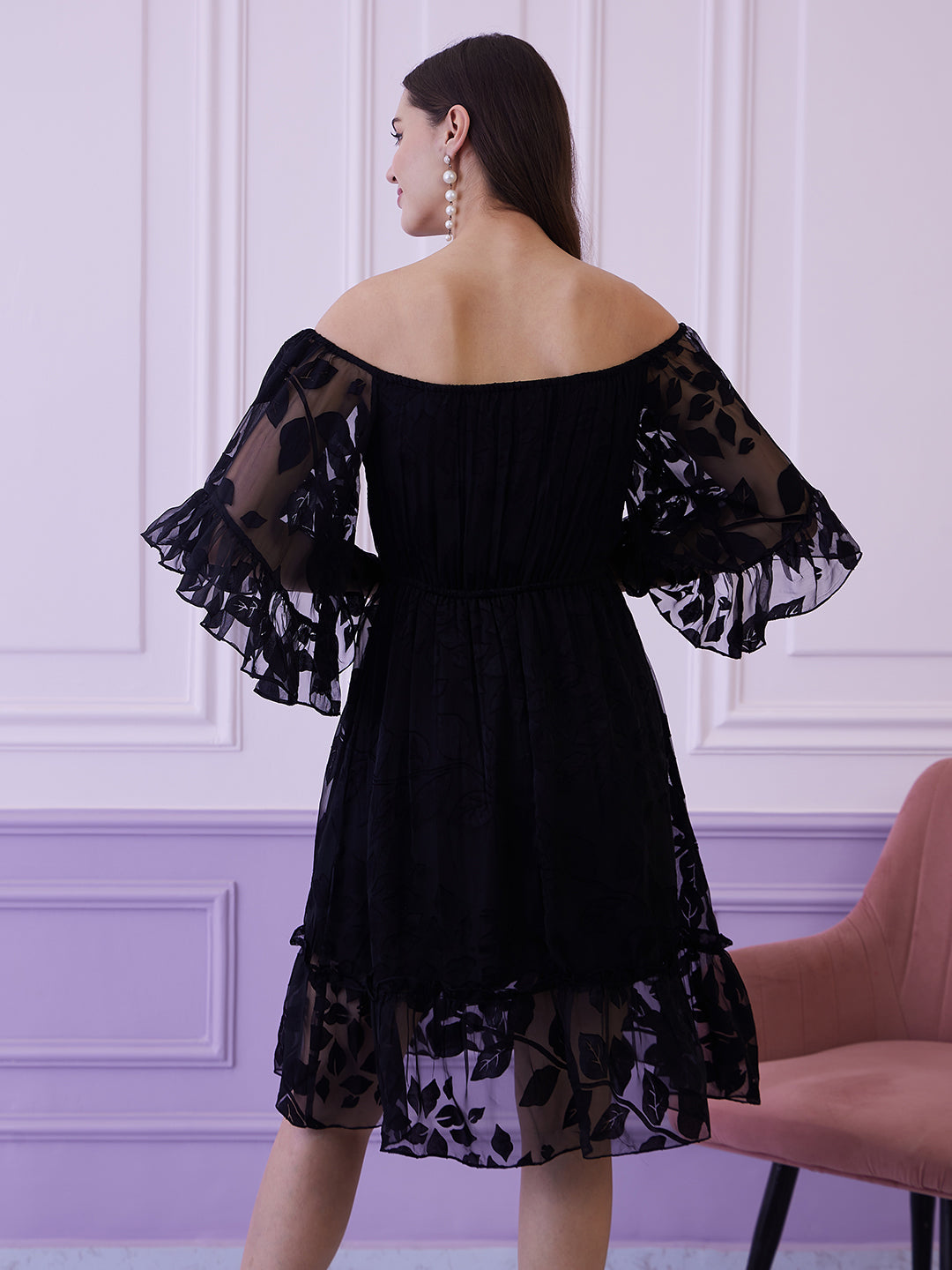 Athena Black Self Design Bell Sleeves Chiffon A-line Dress