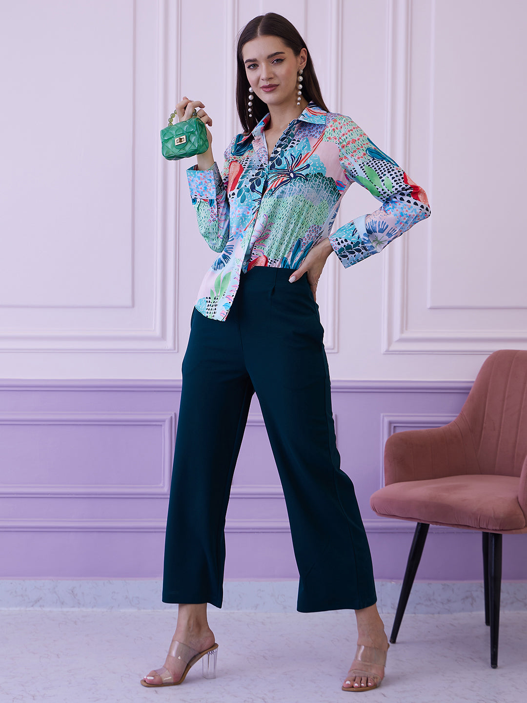 Athena Green Printed Shirt With Trousers