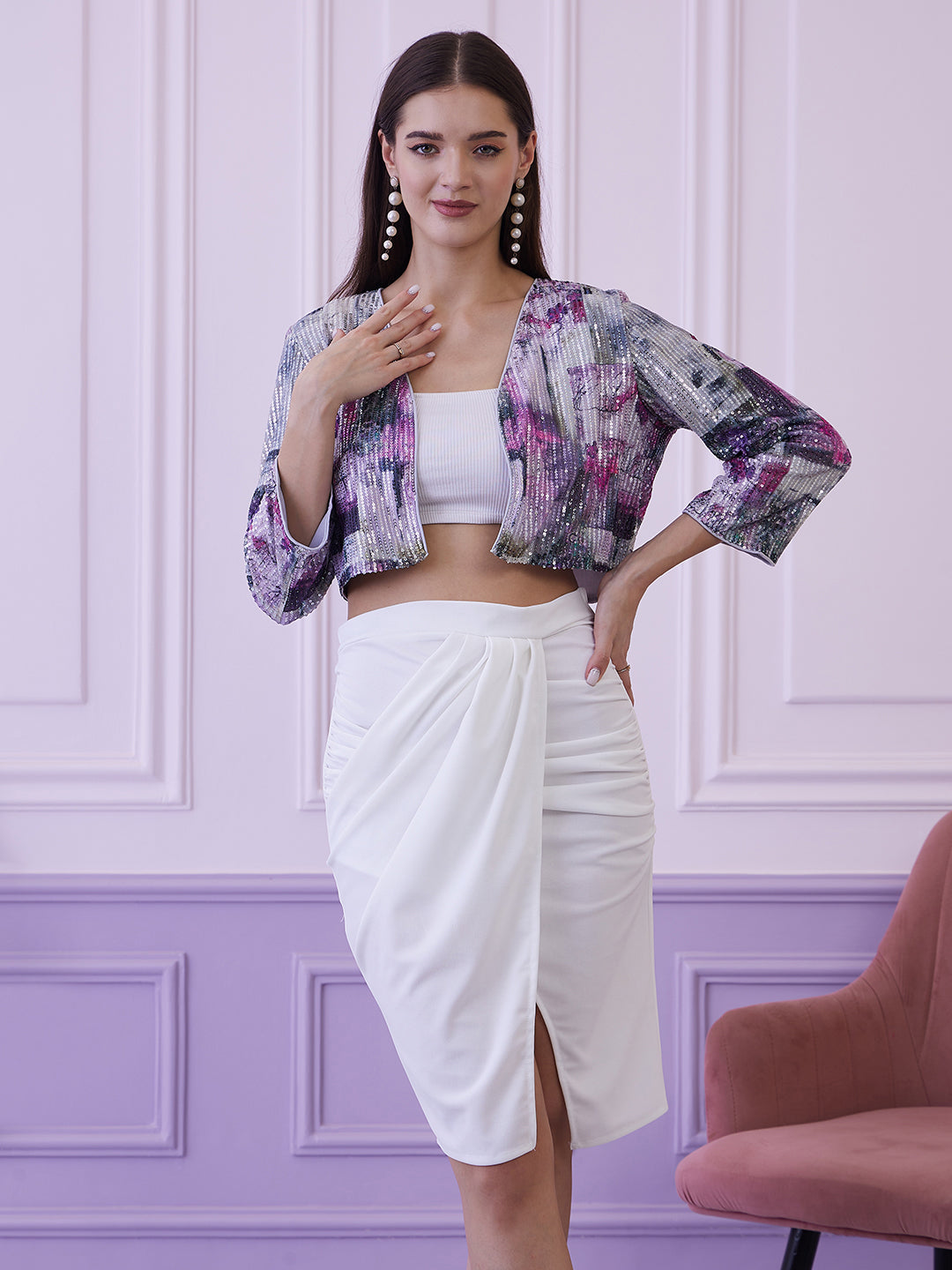 Athena Grey & Purple Floral Printed Lightweight Crop Tailored Jacket With Sequined