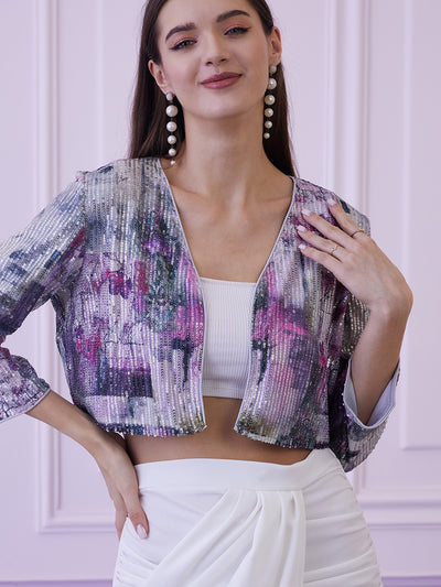 Athena Grey & Purple Floral Printed Lightweight Crop Tailored Jacket With Sequined