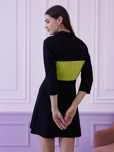 Athena Black & Green Colourblocked Shirt Collar A-Line Dress