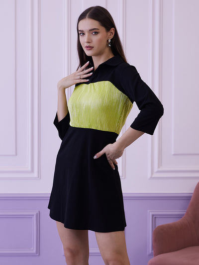 Athena Black & Green Colourblocked Shirt Collar A-Line Dress