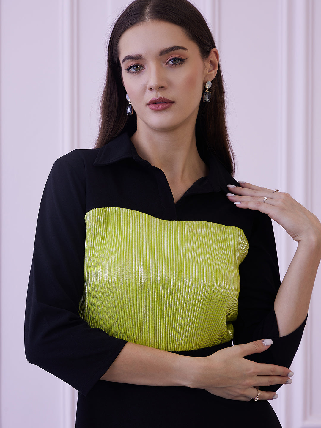 Athena Black & Green Colourblocked Shirt Collar A-Line Dress