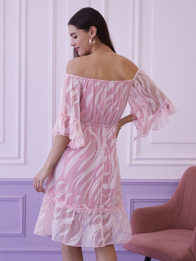 Athena Pink Floral Off-Shoulder Bell Sleeves Chiffon A-Line Dress