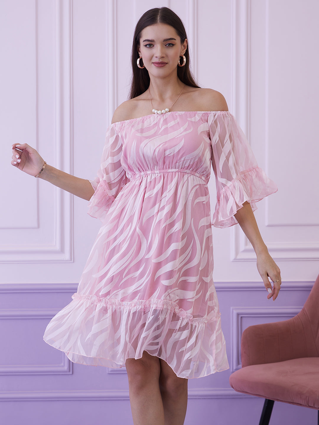 Athena Pink Floral Off-Shoulder Bell Sleeves Chiffon A-Line Dress