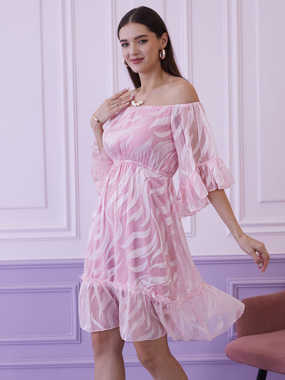 Athena Pink Floral Off-Shoulder Bell Sleeves Chiffon A-Line Dress