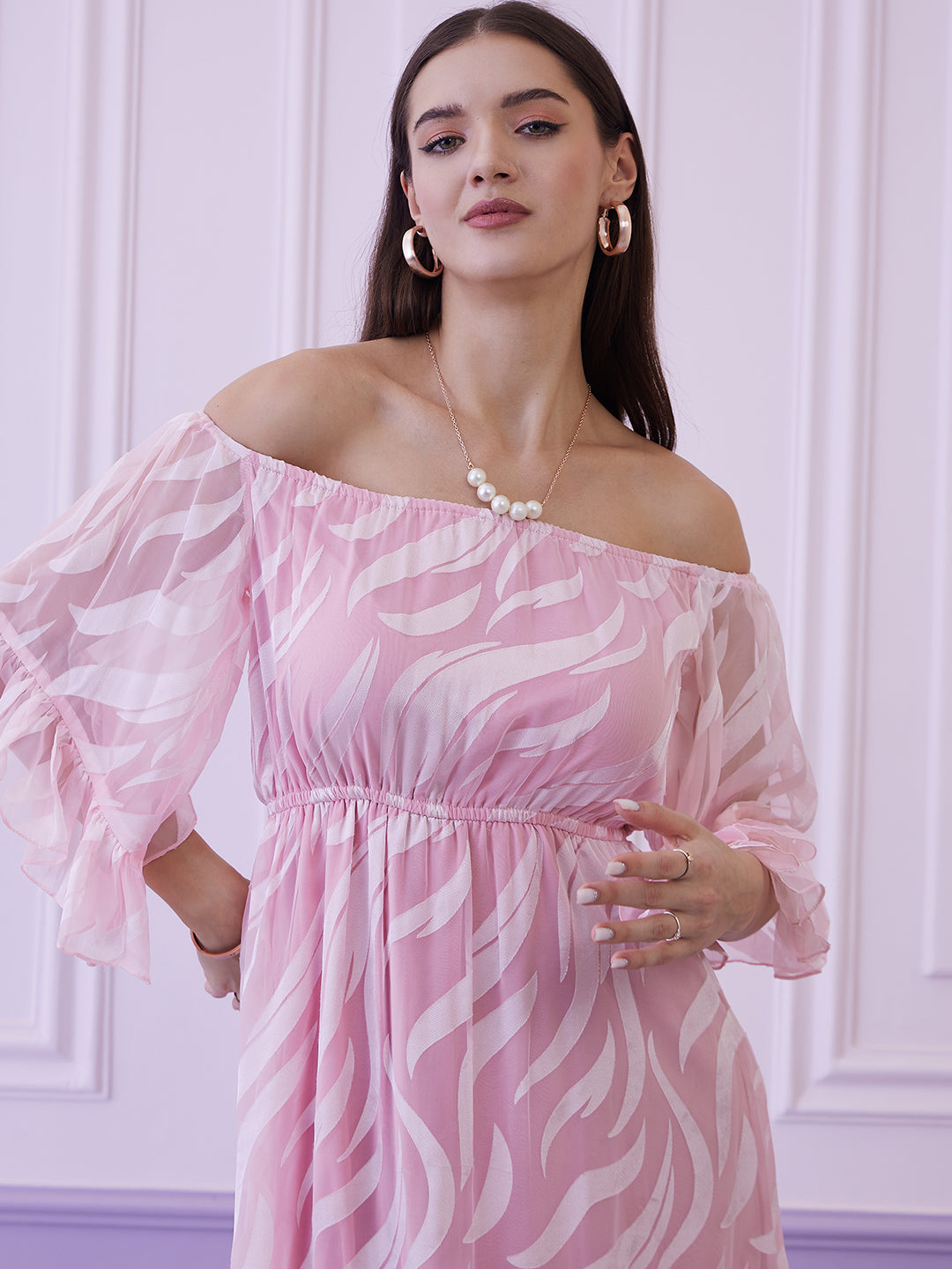 Athena Pink Floral Off-Shoulder Bell Sleeves Chiffon A-Line Dress