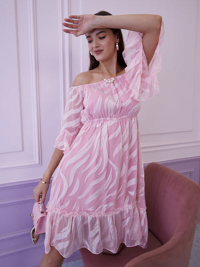 Athena Pink Floral Off-Shoulder Bell Sleeves Chiffon A-Line Dress