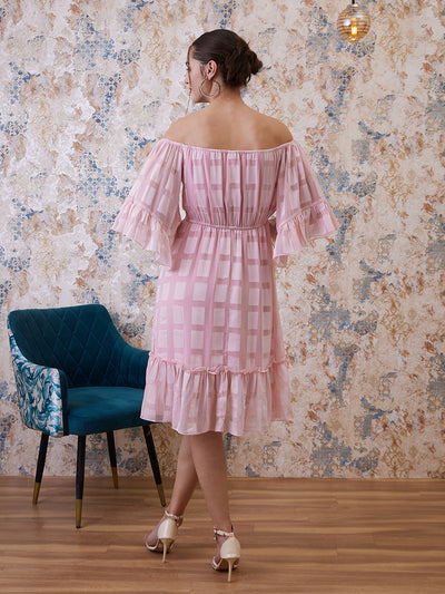 Athena Pink Checked Off-Shoulder Flared Sleeves Chiffon A-Line Dress