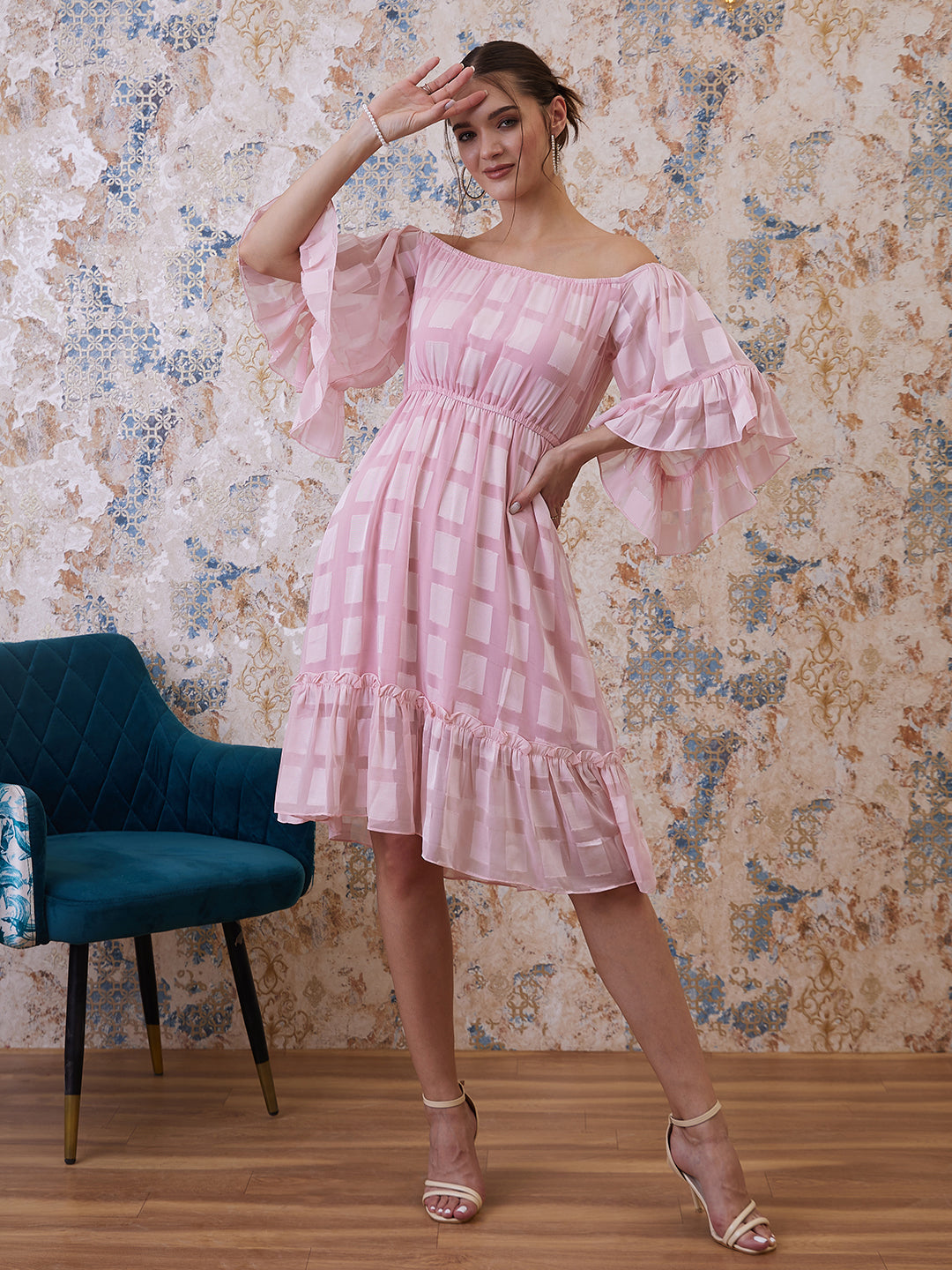 Athena Pink Checked Off-Shoulder Flared Sleeves Chiffon A-Line Dress