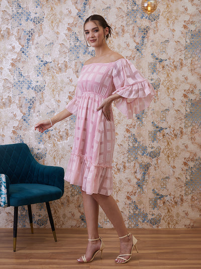 Athena Pink Checked Off-Shoulder Flared Sleeves Chiffon A-Line Dress