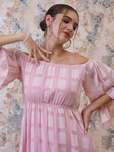 Athena Pink Checked Off-Shoulder Flared Sleeves Chiffon A-Line Dress