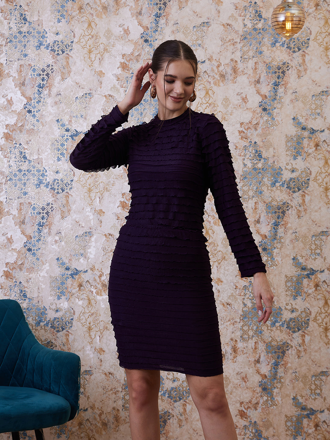 Athena Purple Self Design Ruffle Top With Skirt