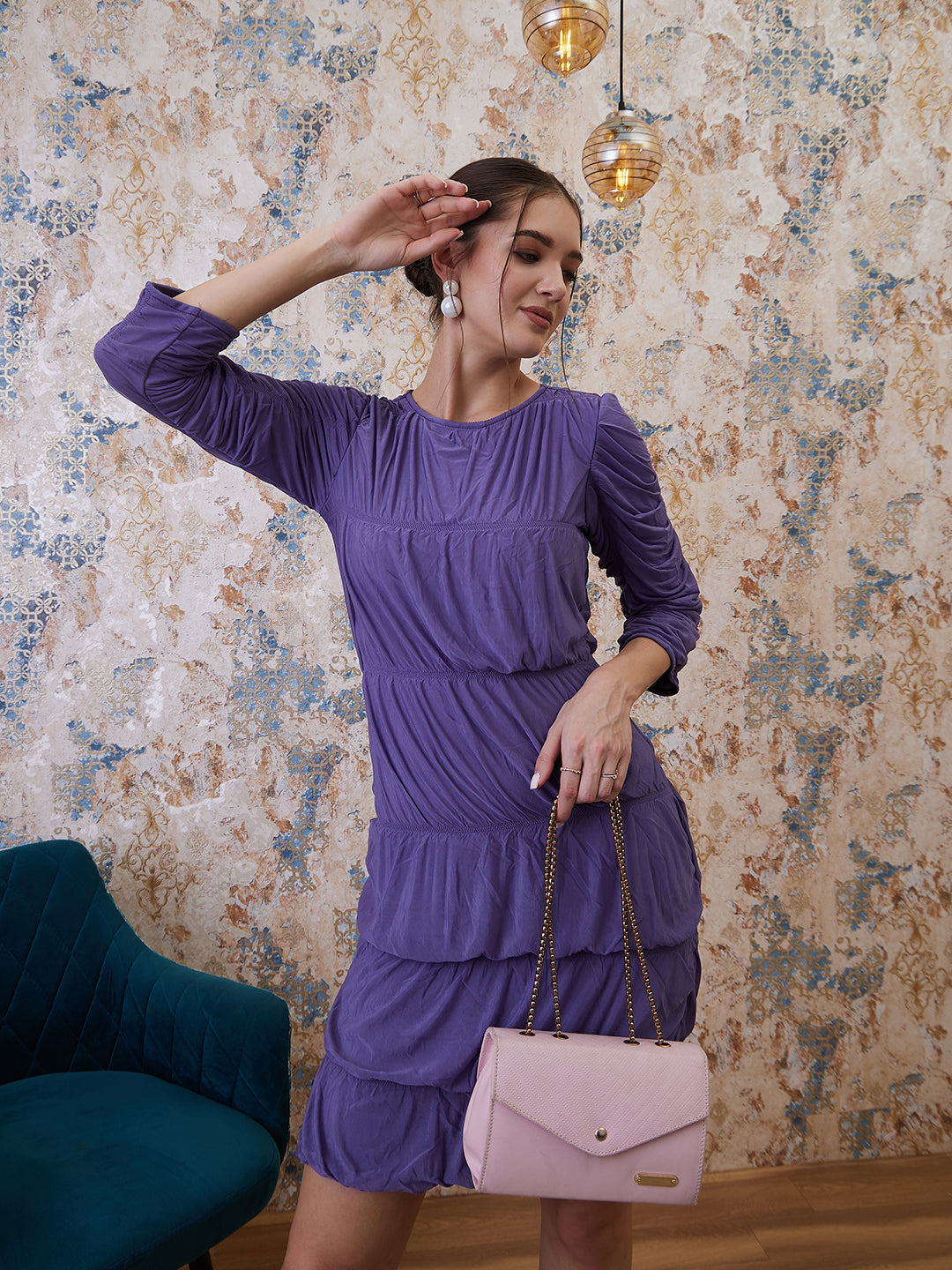 Athena Lavender self design solid blouson dress
