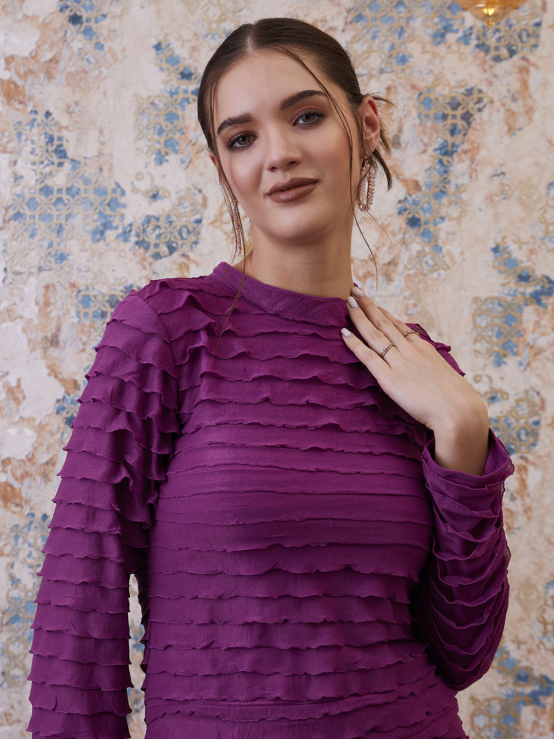 Athena Purple Ruffles Round Neck Fitted Top