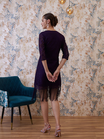 Athena Purple Self Design Fringed Sheath Dress
