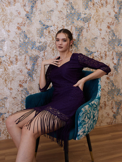 Athena Purple Fringed Lace Sheath Dress