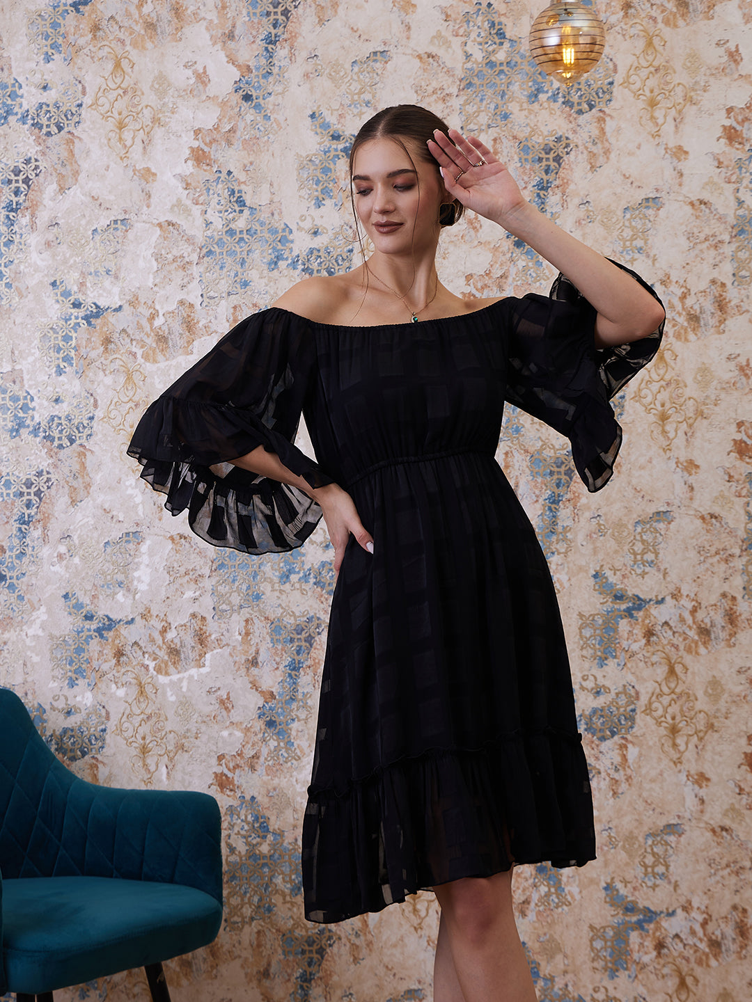 Athena Black Floral Self Design Flutter Sleeves Off-Shoulder Chiffon A-Line Dress