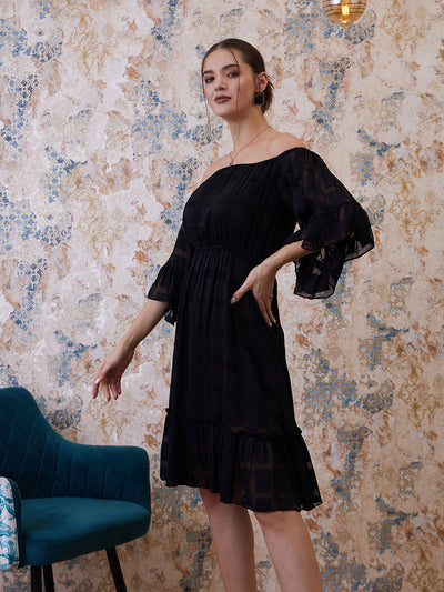 Athena Black Floral Self Design Flutter Sleeves Off-Shoulder Chiffon A-Line Dress