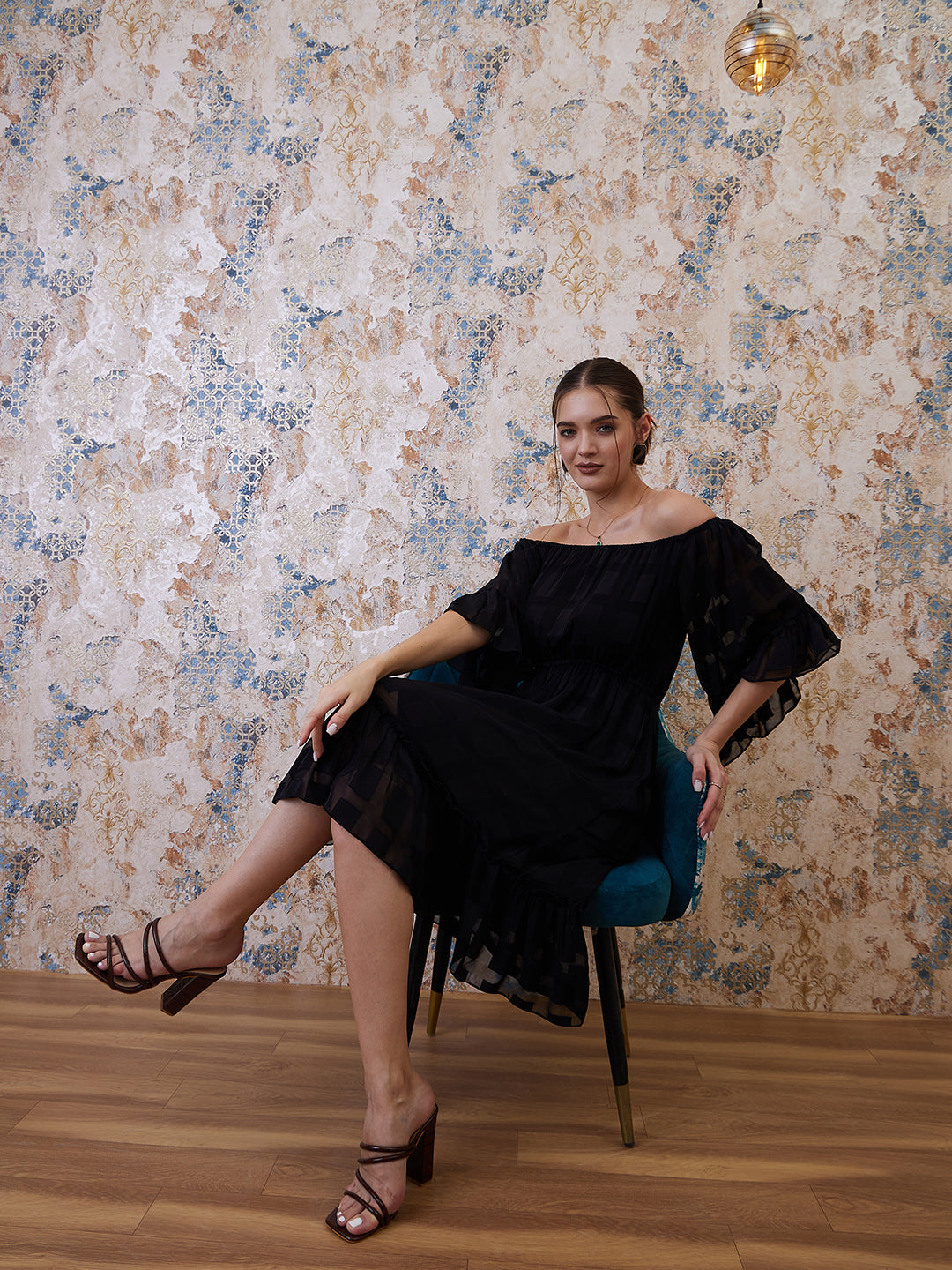 Athena Black Floral Self Design Flutter Sleeves Off-Shoulder Chiffon A-Line Dress