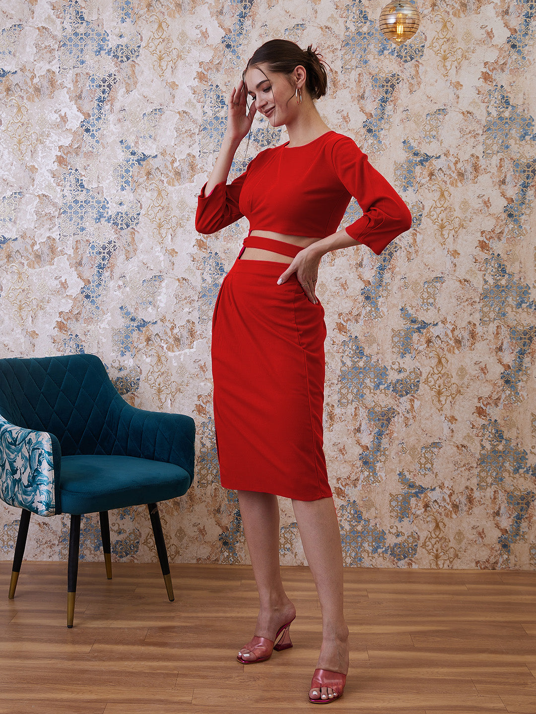 Athena Red Round Neck Top With Skirt