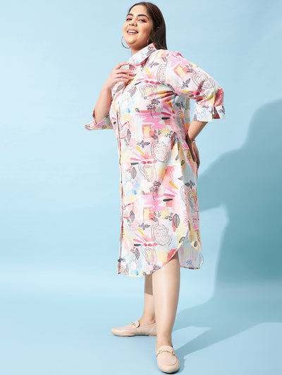 Athena Ample Plus Size Conversational Printed Linen Shirt Midi Dress - Athena Lifestyle