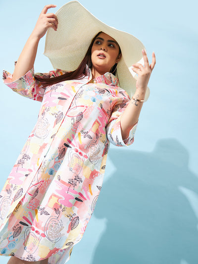 Athena Ample Plus Size Conversational Printed Linen Shirt Midi Dress - Athena Lifestyle