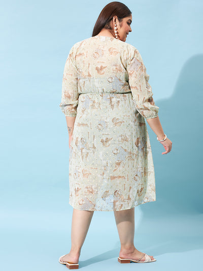 Athena Ample Cream-Coloured Floral Print Georgette Fit & Flare Midi Dress - Athena Lifestyle