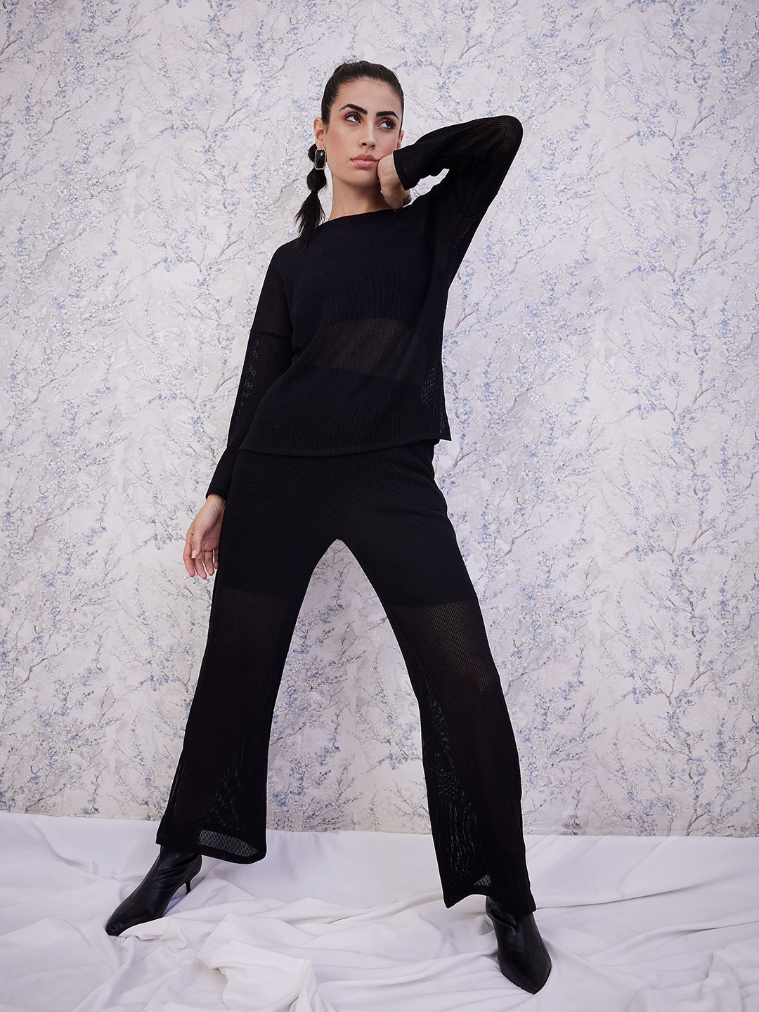Athena Round Neck Semi-Sheer Top With Flared Trouser Co-Ords