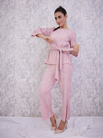 Athena Pink Self-Design Tie-Up Detail Top With Trousers