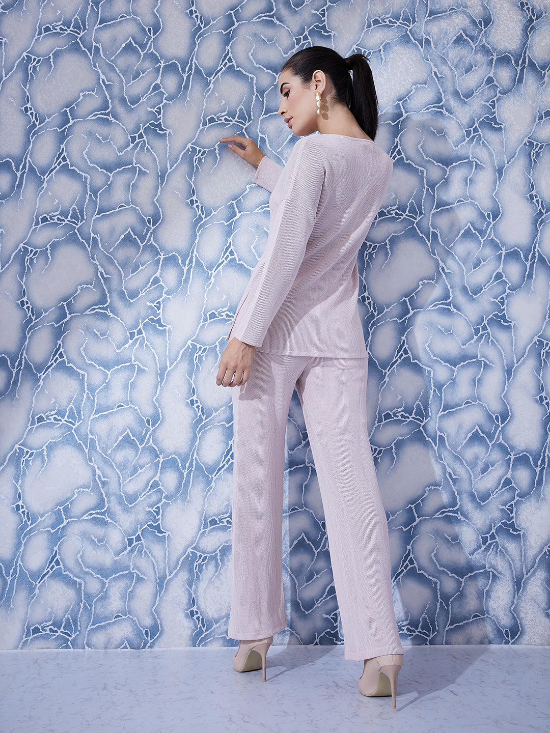 Athena Pink Ribbed Semi Sheer Top & Trousers