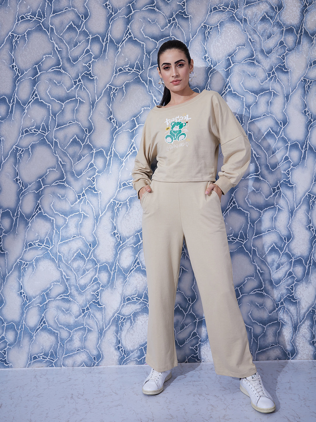 Athena Beige Graphic Printed Sweatshirt & Trousers