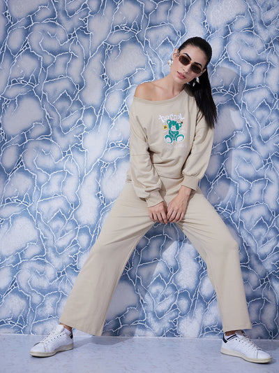 Athena Beige Graphic Printed Sweatshirt & Trousers