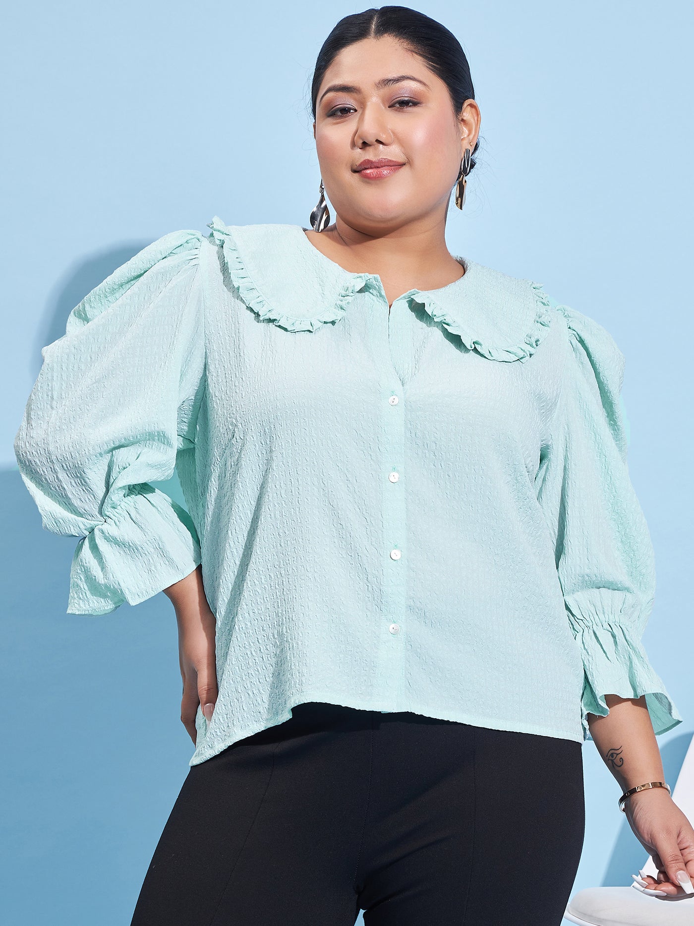 Athena Ample Plus Size Peter Pan Collar Bell Sleeve Shirt Style Top