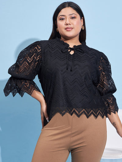 Athena Ample Self Design Puff Sleeves Tie-Up Neck Lace Top