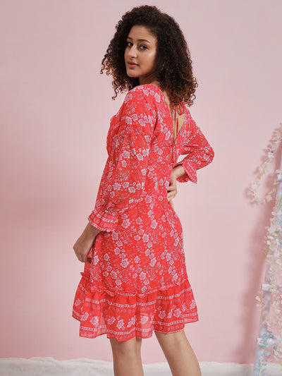 Athena Floral Printed Bell Sleeve Georgette Fit & Flare Dress