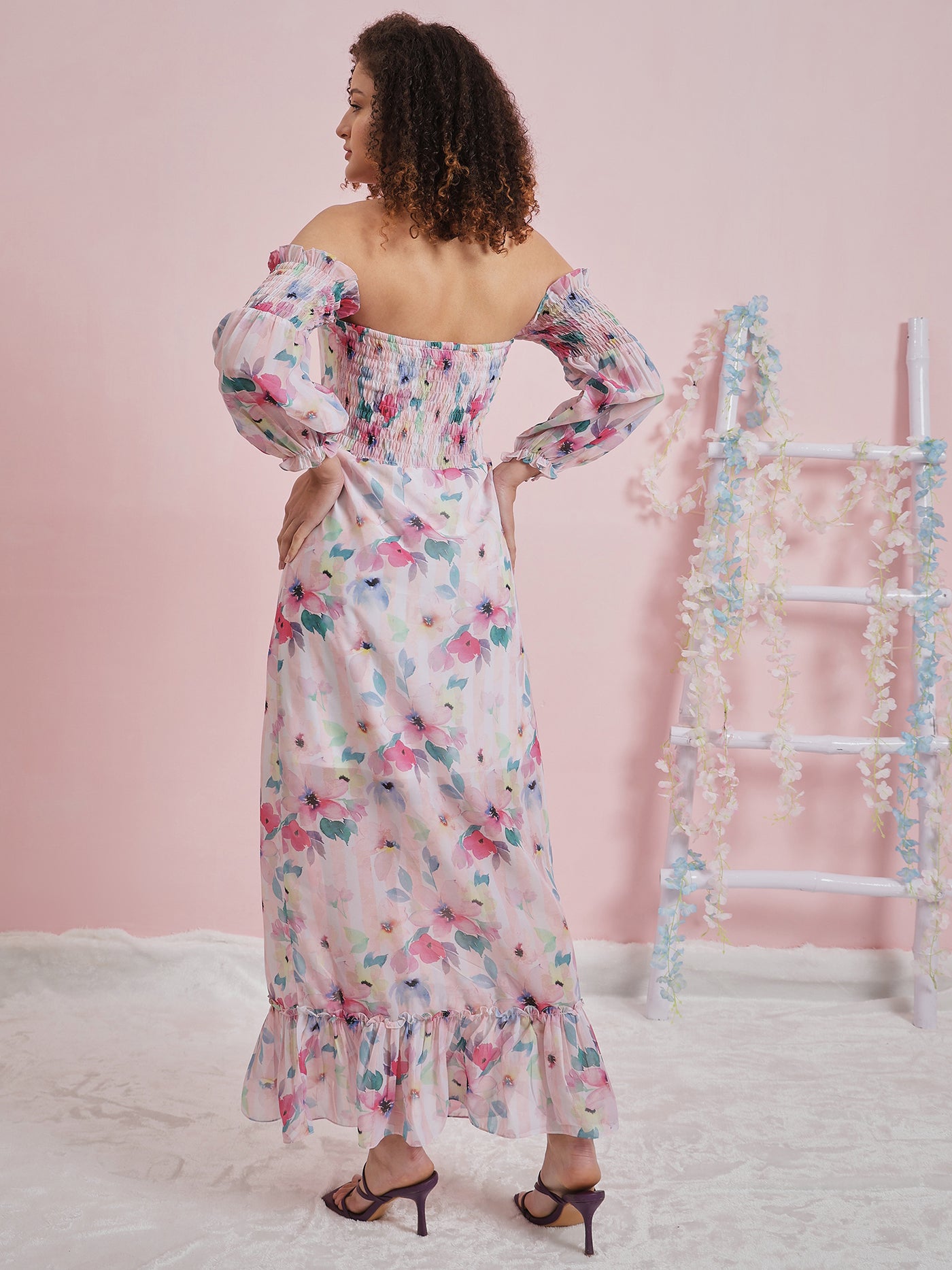 Athena Floral Printed Off-Shoulder Georgette Maxi Dress