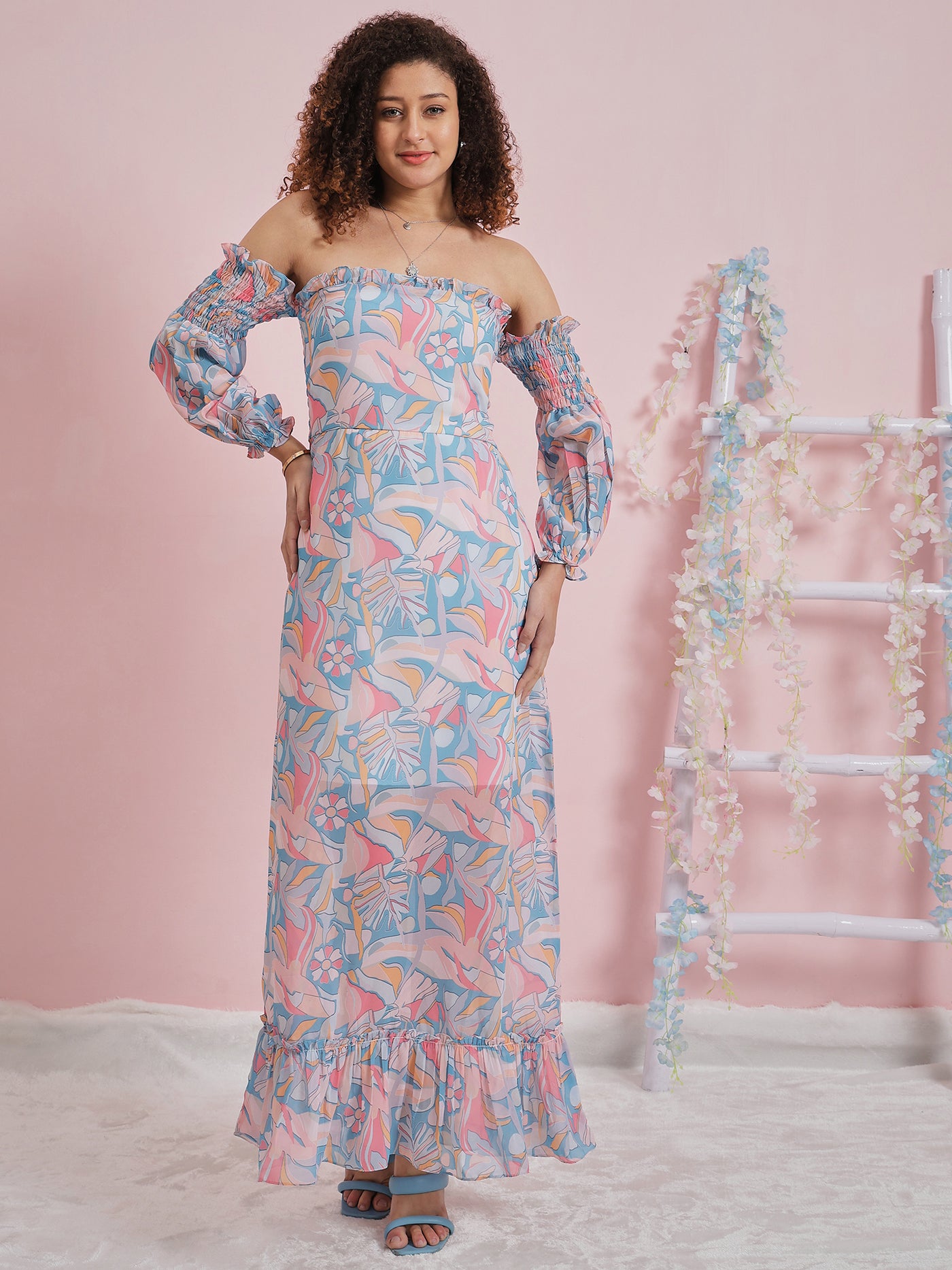 Athena Floral Printed Off-Shoulder Bell Sleeve Maxi Dress
