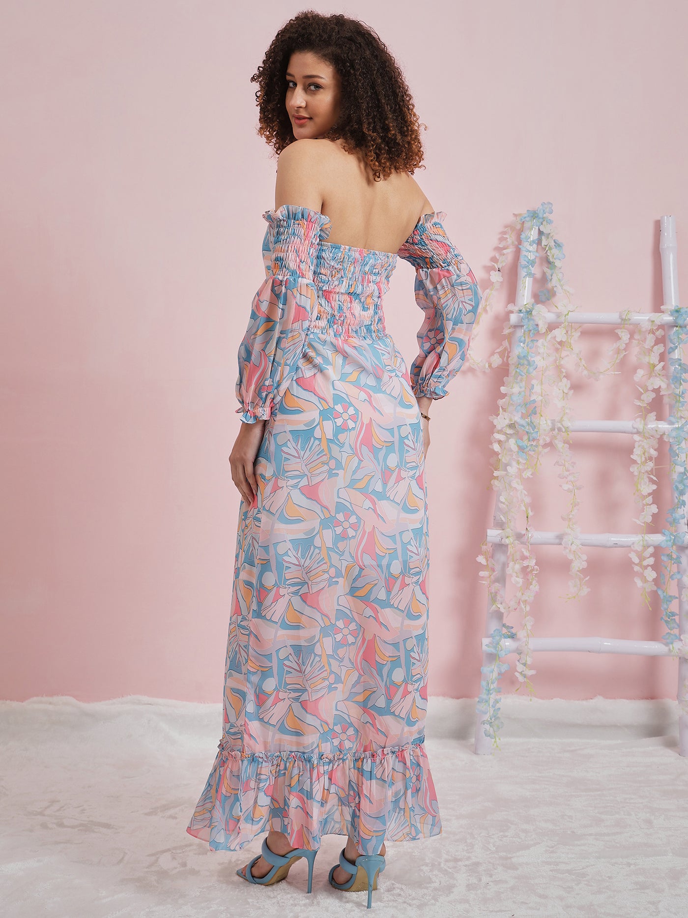 Athena Floral Printed Off-Shoulder Bell Sleeve Maxi Dress