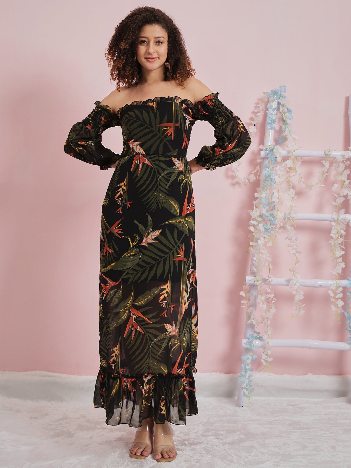 Athena Tropical Printed Off-Shoulder Cuffed Sleeve Georgette Maxi Dress