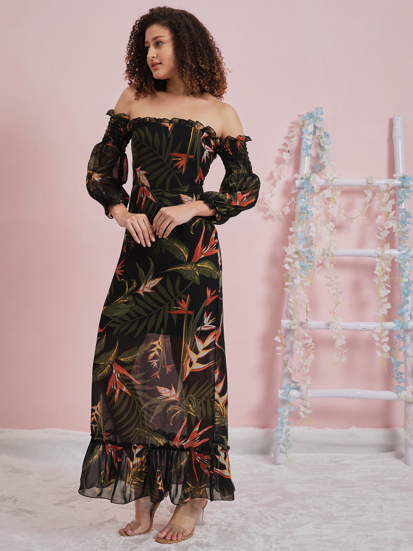Athena Tropical Printed Off-Shoulder Cuffed Sleeve Georgette Maxi Dress
