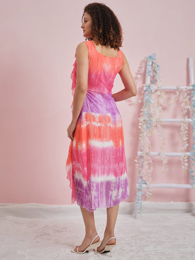 Athena Tie and Dye Dyed Ruffled Georgette A-Line Midi Dress