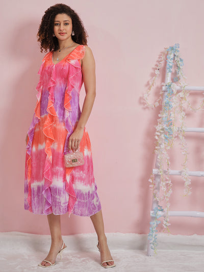 Athena Tie and Dye Dyed Ruffled Georgette A-Line Midi Dress