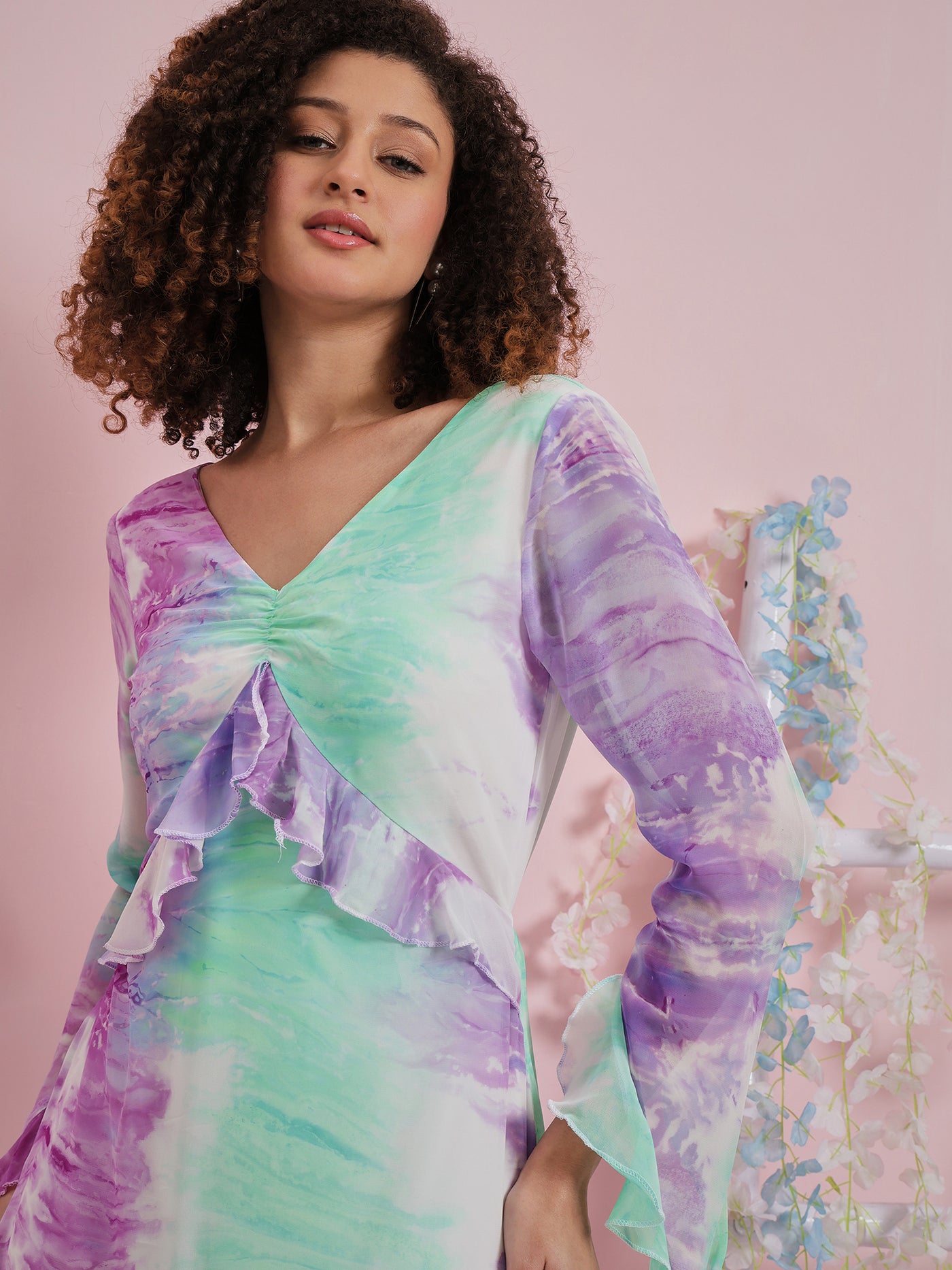Athena Tie and Dye Ruffled Georgette Maxi Dress